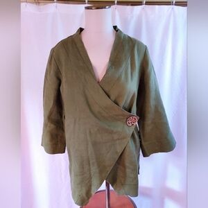 Soft Surrondings Women' Jacket LinenSize S Olive Green Wrap Snap Boho Artsy